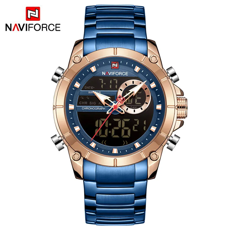 Men Military Sport Wrist Watch Gold Quartz Steel Waterproof Dual Display Male Clock Watches Relogio Masculino