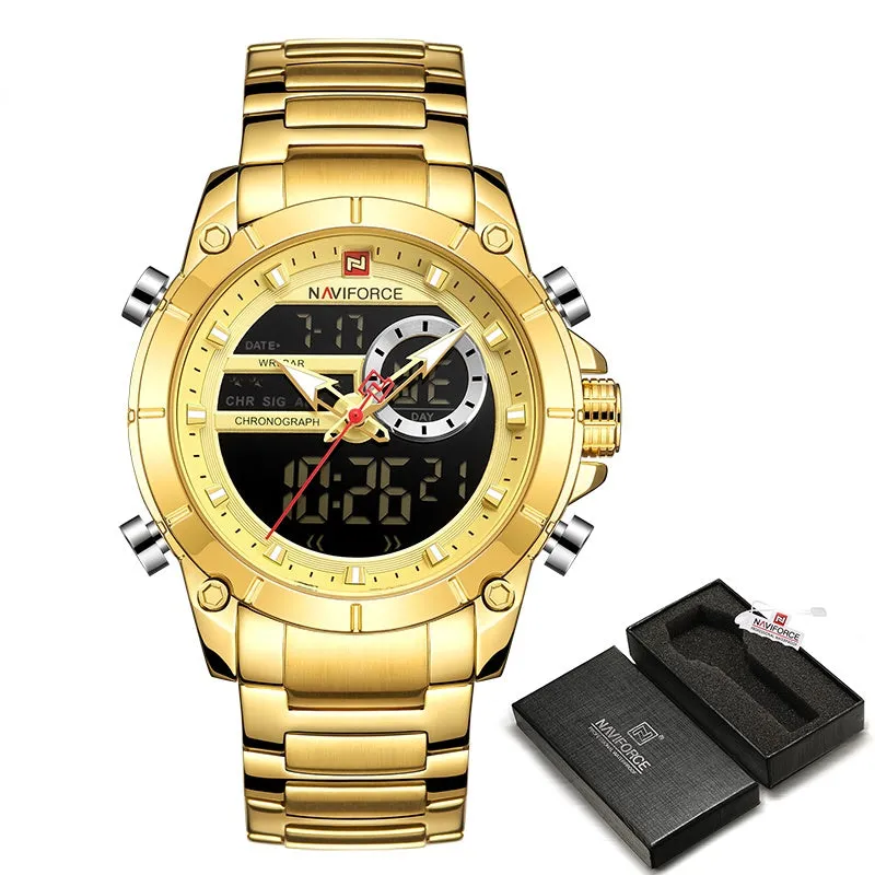 Men Military Sport Wrist Watch Gold Quartz Steel Waterproof Dual Display Male Clock Watches Relogio Masculino