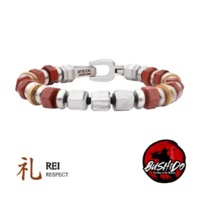 Men's 8mm Mokume Gane and Red Jasper Beads Bushido Virtue Bracelet, 8.25"