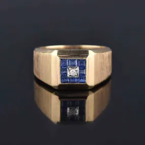 Mens Diamond Square Cut Sapphire Signet Ring, Sz 11.25