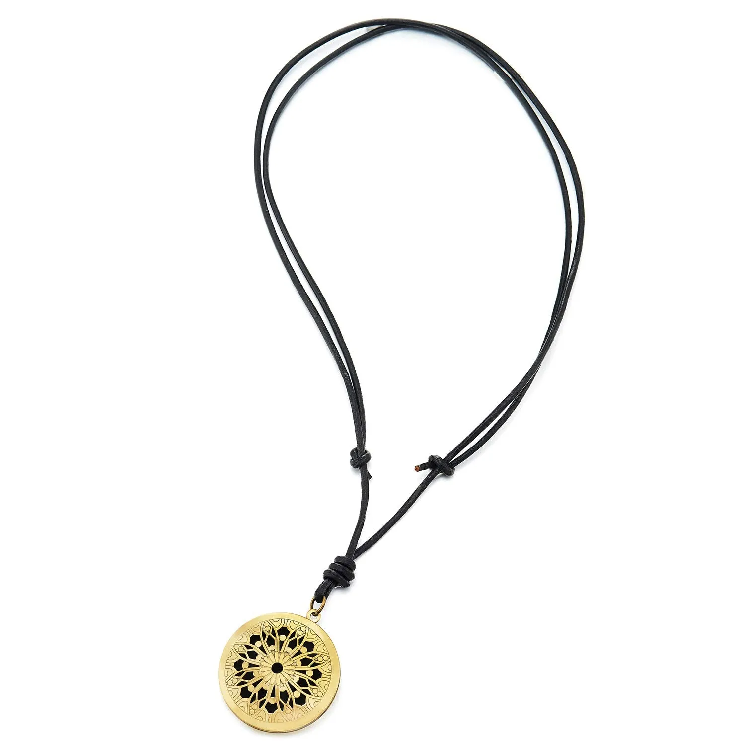 Mens Womens Aged brass Hollow Locket Pendant Necklace with Flower Pattern, Adjustable Leather Cord