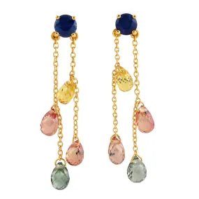 Multicolor Sapphire Gemstone Chain Link Earrings In 18k  Yellow Gold