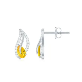 Pear Cut Yellow Sapphire and Diamond Leaf Stud Earrings