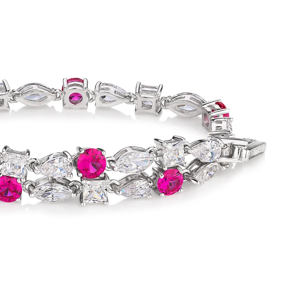 Pear, Marquise and Round Brilliant tennis bracelet with ruby simulants and 6.38 carats* in sterling silver