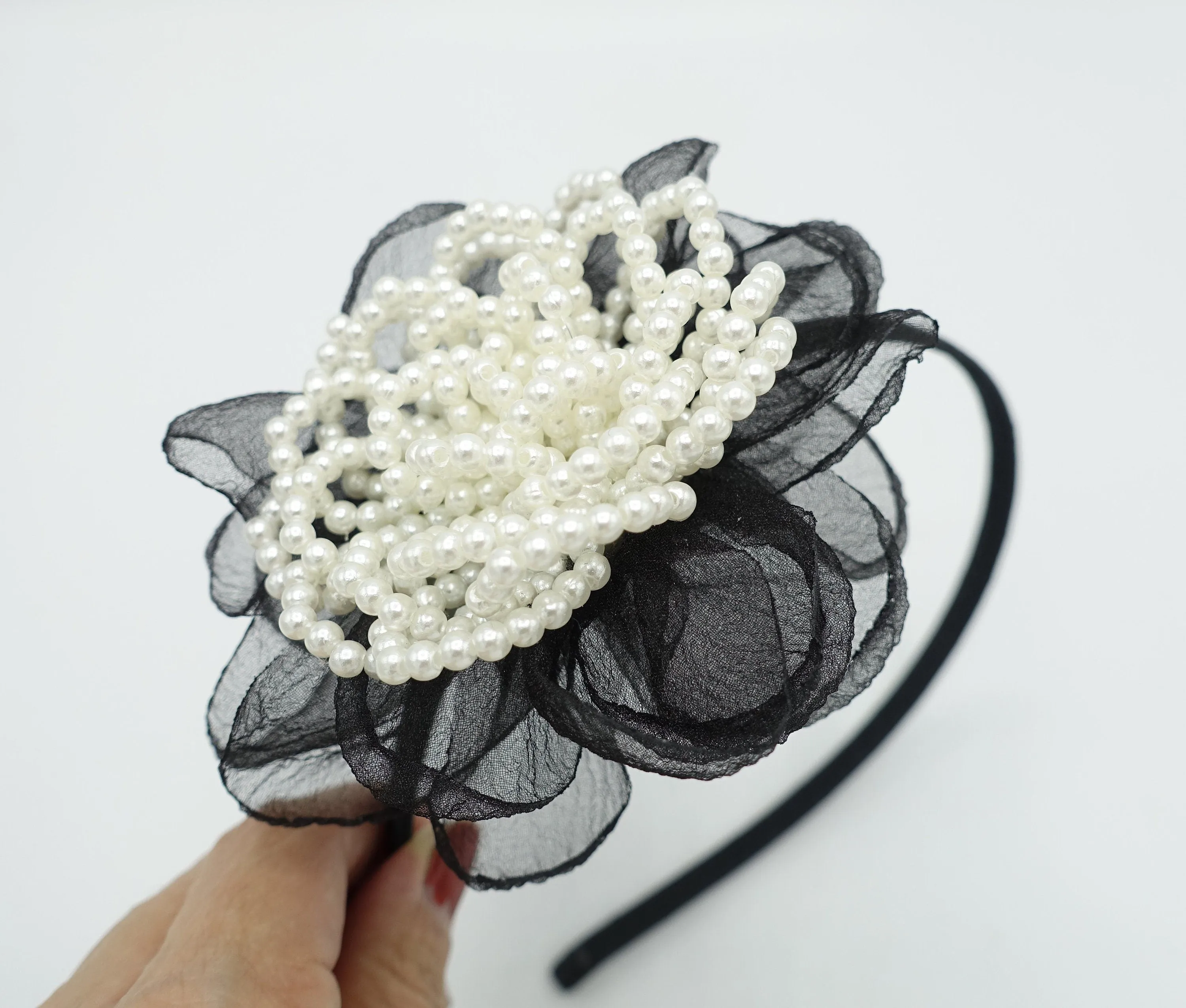 pearl embellished flower headband organza petal pistil hair accessory for women