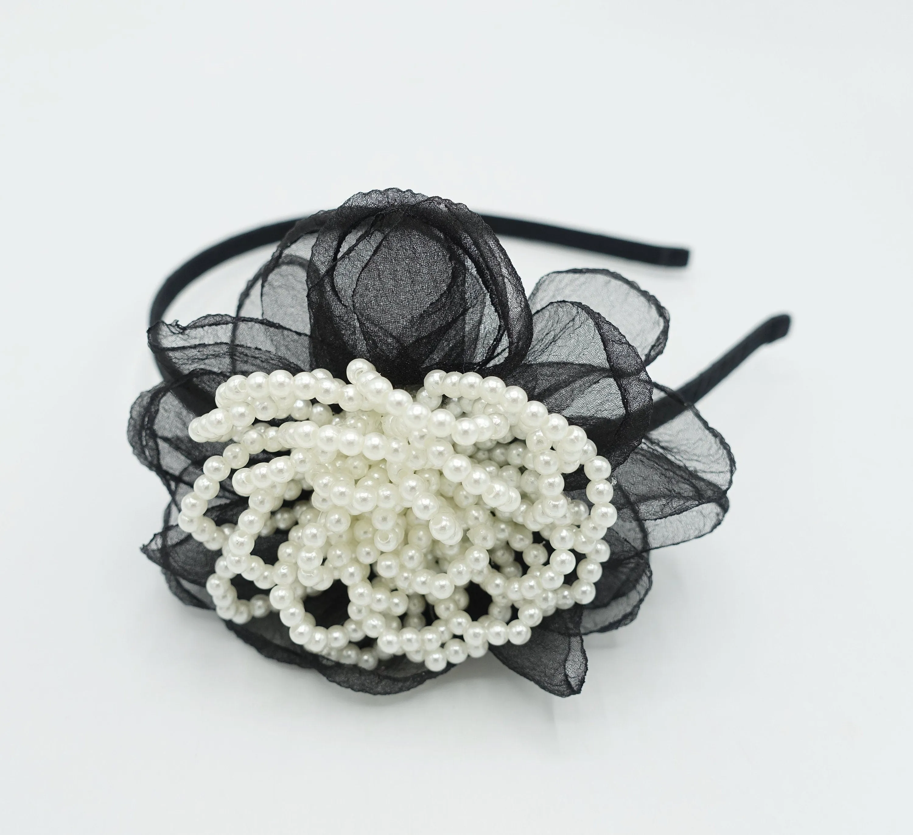 pearl embellished flower headband organza petal pistil hair accessory for women