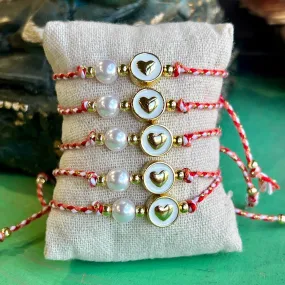 Pearl Of My Heart Red Cotton Cord Adjustable Bracelet