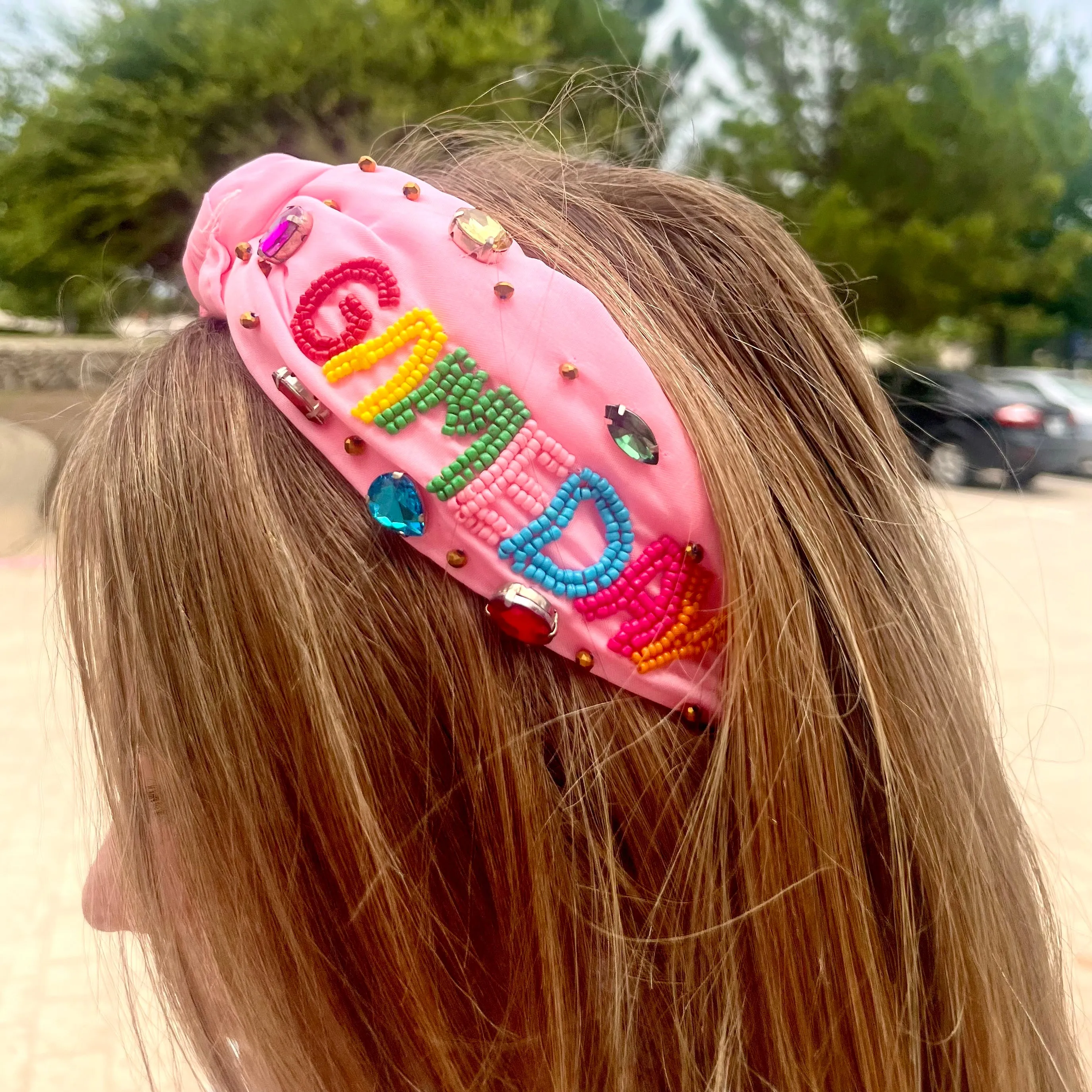 Pink Rhinestone Beaded "Game Day" Knotted Headband