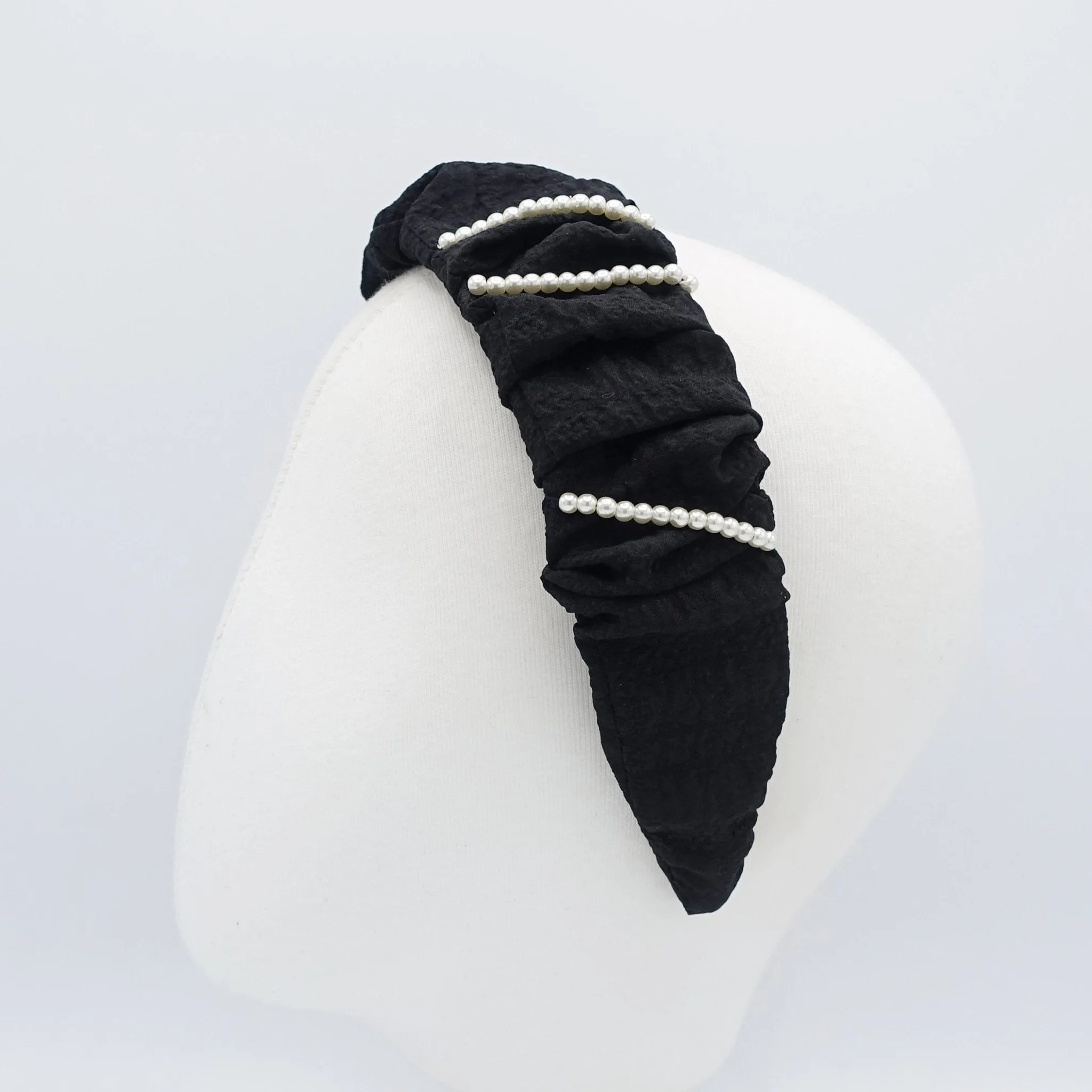 pleated headband pearl beaded ornaments embellished hairband crinkled fabric hair accessory