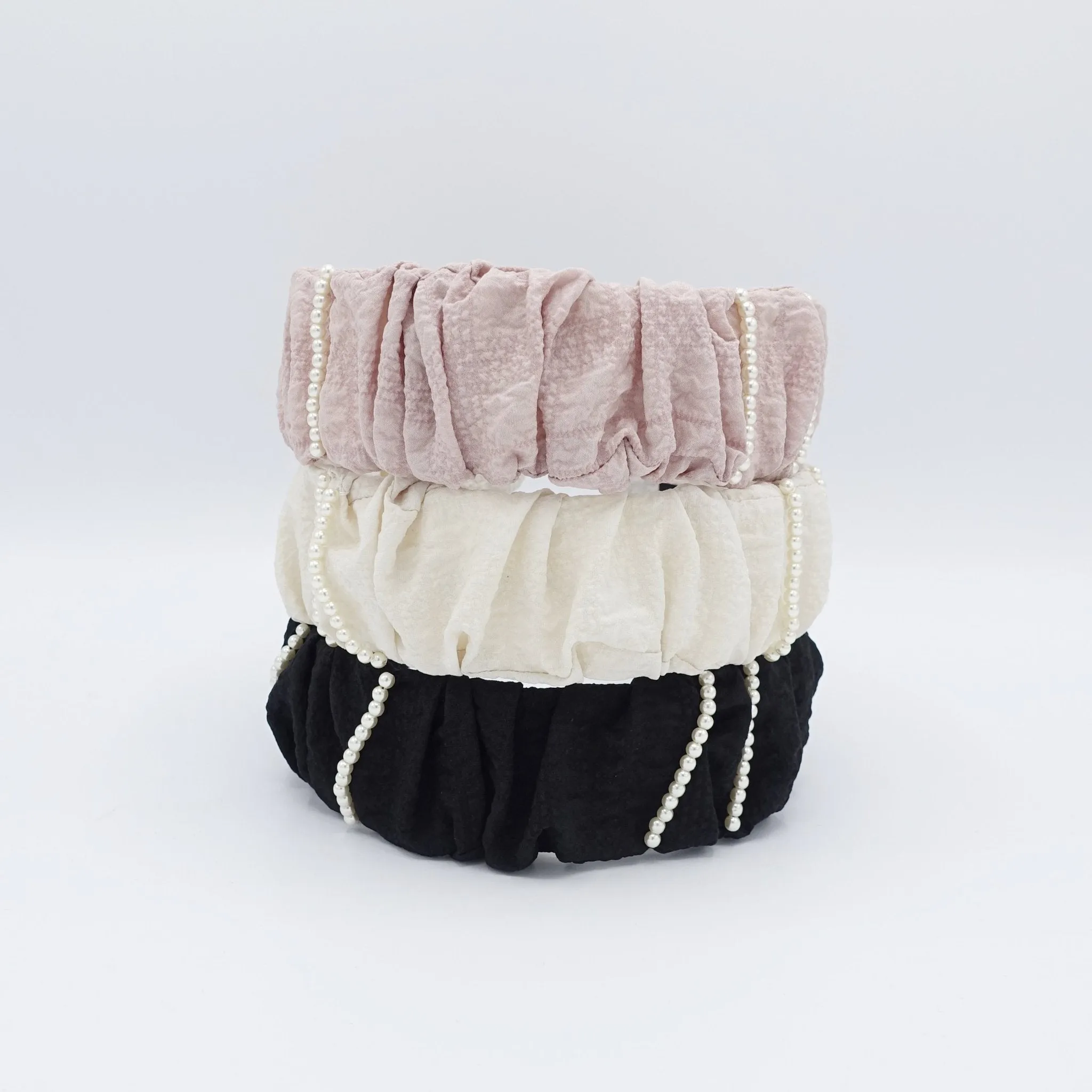 pleated headband pearl beaded ornaments embellished hairband crinkled fabric hair accessory