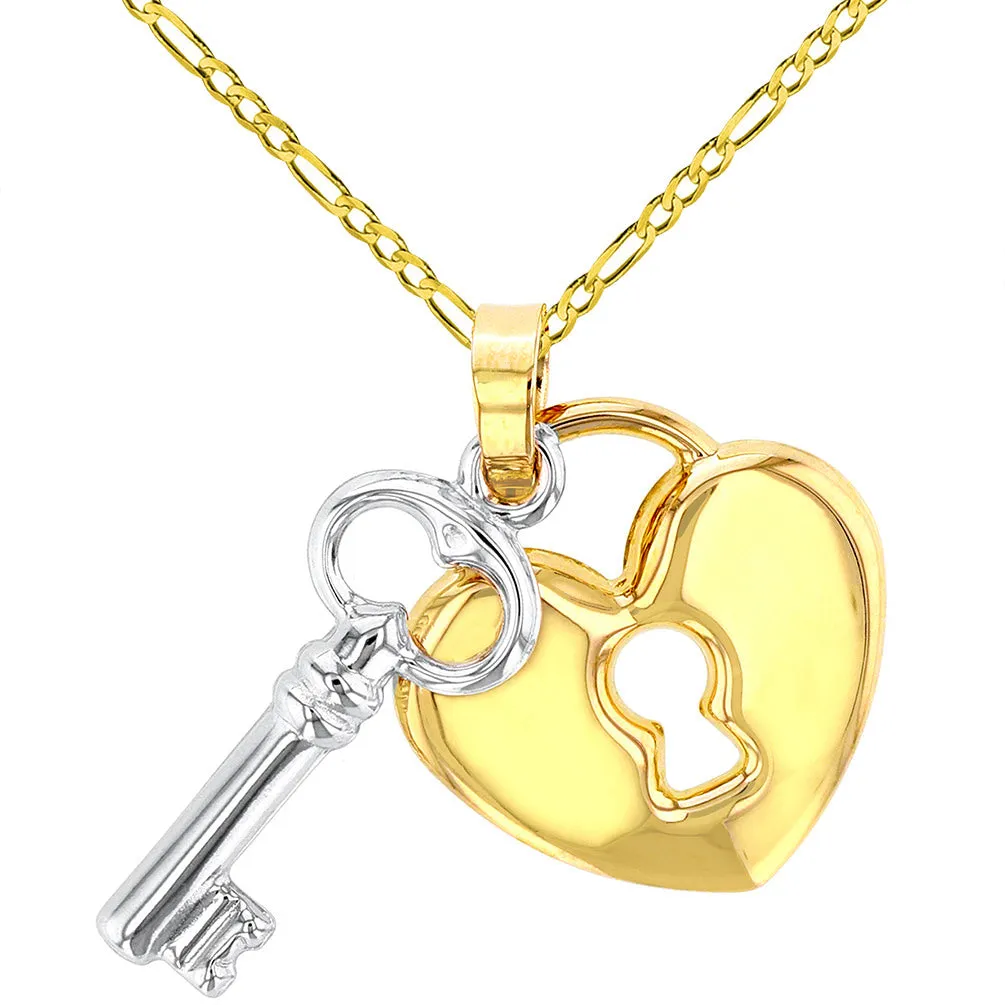 Polished 14K Yellow Gold Heart with White Gold Love Key Pendant Figaro Chain Necklace