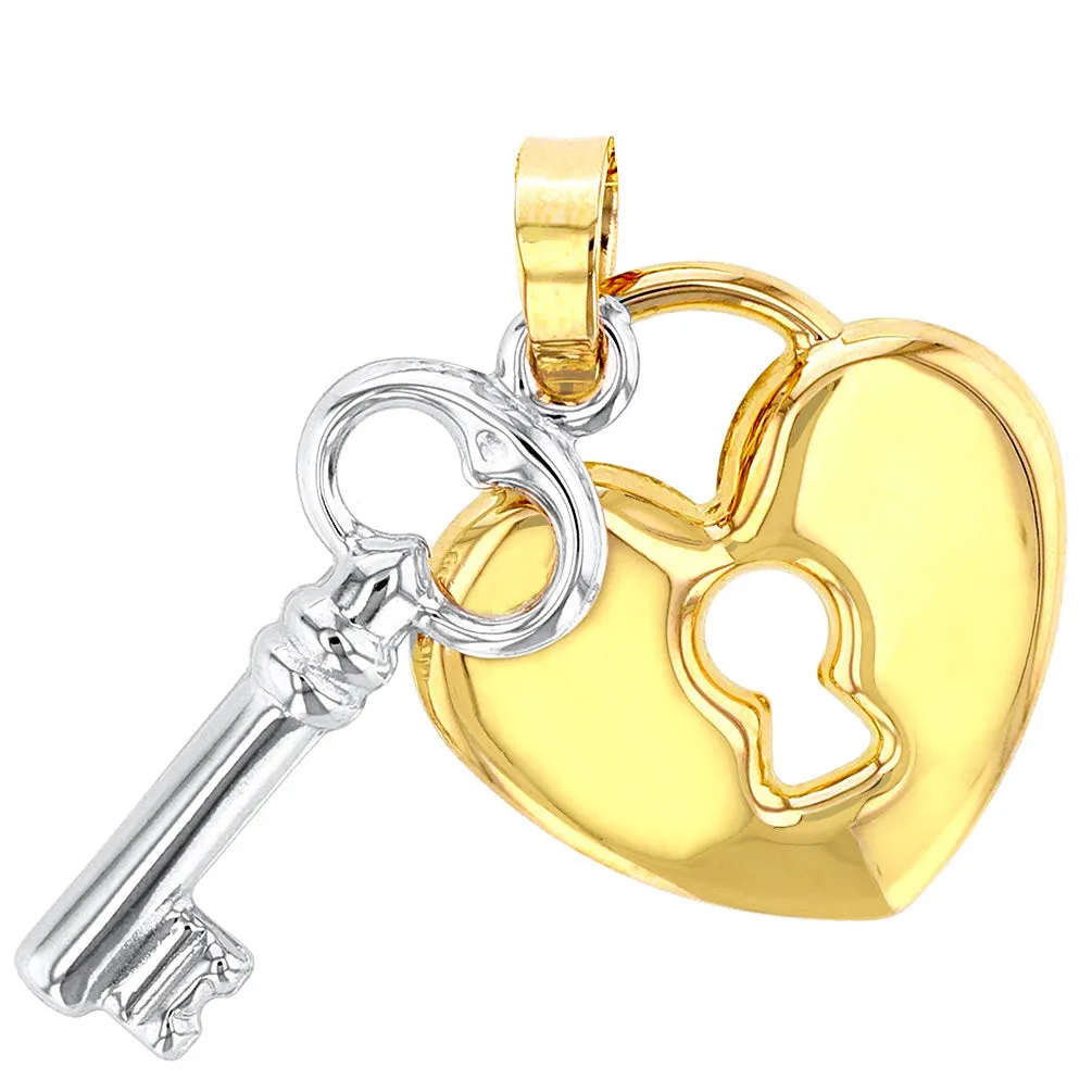 Polished 14K Yellow Gold Heart with White Gold Love Key Pendant Figaro Chain Necklace