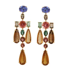 Rainbow Tourmaline Oval Cut Tanzanite Wedding Chandelier Earrings In Gold For Her