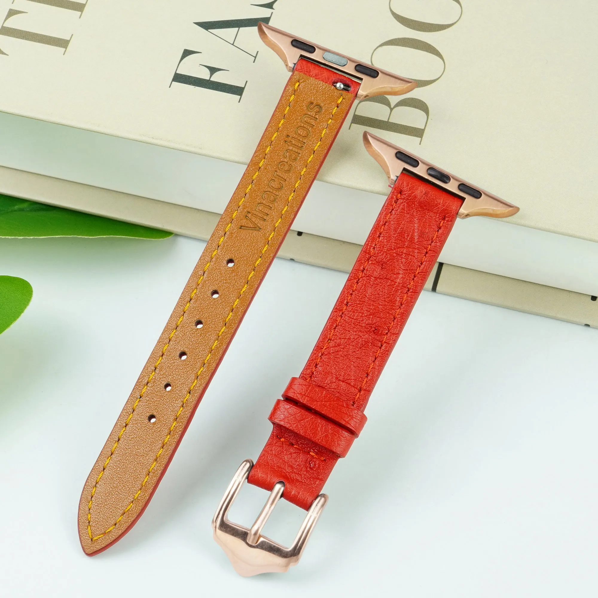 Red Flat Ostrich Leather Band Compatible Apple Watch Iwatch 44mm Screen Protector Case Gold Adapter Replacement Strap For Smartwatch Series 4 5 6 SE Leather Handmade AW-190G-W-44MM