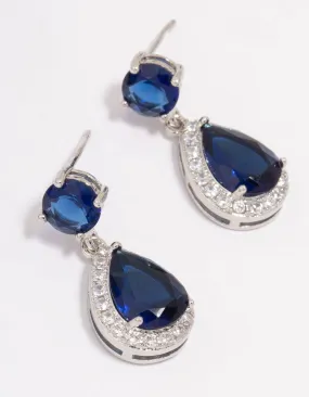 Rhodium Sapphire Stone Teardrop Drop Earrings