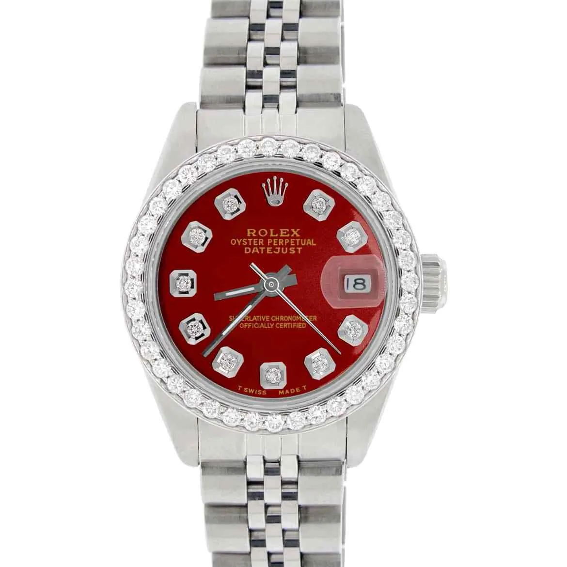 Rolex Datejust Ladies 26mm Diamond Bezel/Ruby Red Dial Jubilee Steel Watch TFJ-142508020