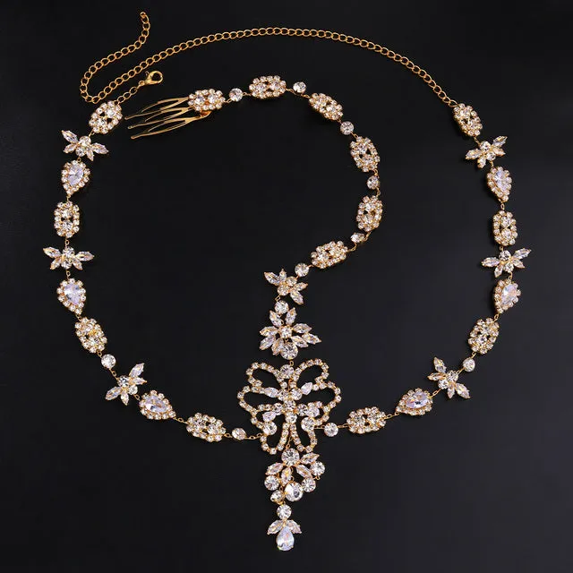 Romantic CZ Crystal Frontlet Bridal Headpiece Hair Chain