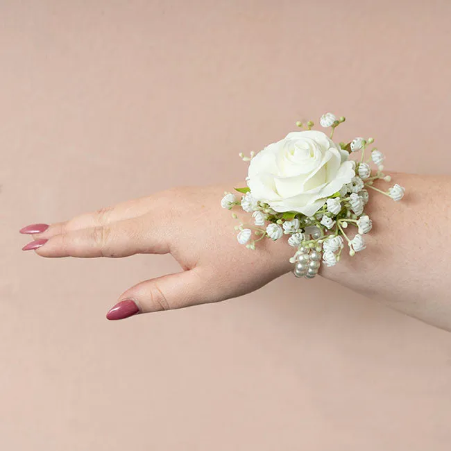 Rose & Baby's Breath Corsage with Pearl Wrist Bracelet - White