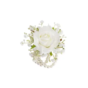 Rose & Baby's Breath Corsage with Pearl Wrist Bracelet - White