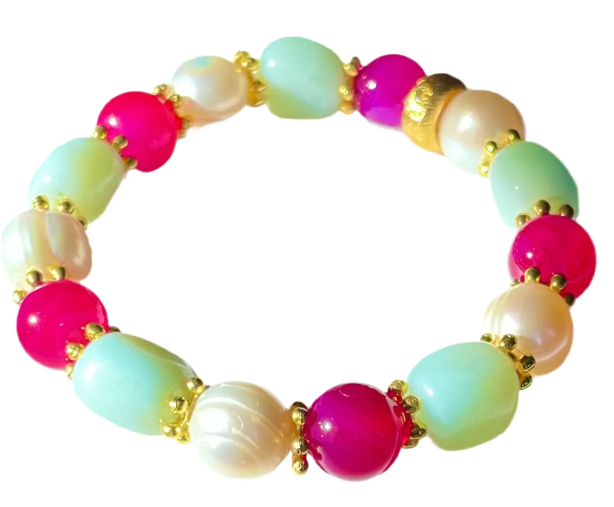 Rose Red Ruby Gemstones, Freshwater Baroque Pearls & Green Aventurine Beaded Bracelet