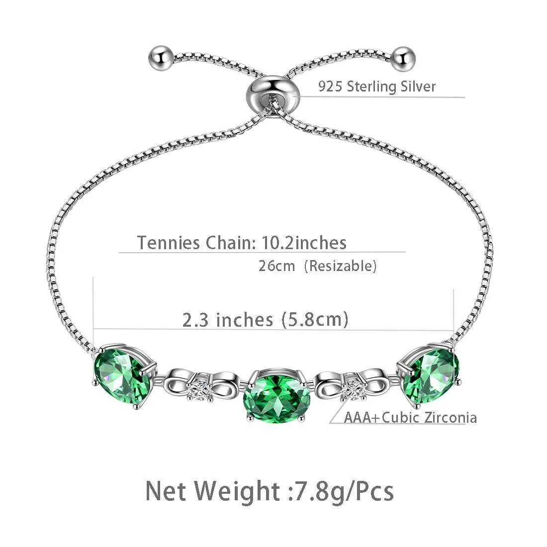 Round Birthstone May Emerald Bracelet Women Girls Jewelry Birthday Gift Sterling Silver