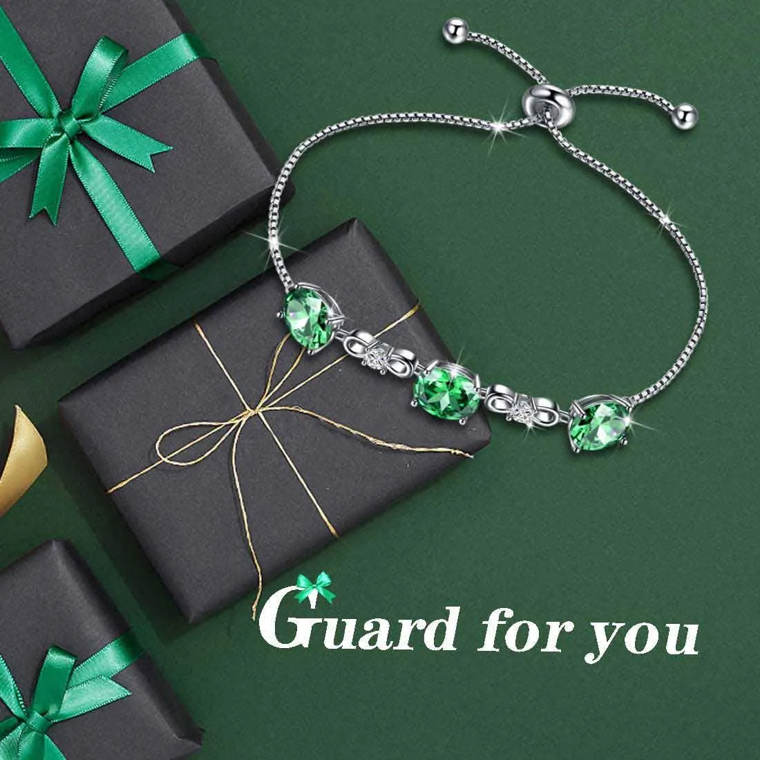 Round Birthstone May Emerald Bracelet Women Girls Jewelry Birthday Gift Sterling Silver