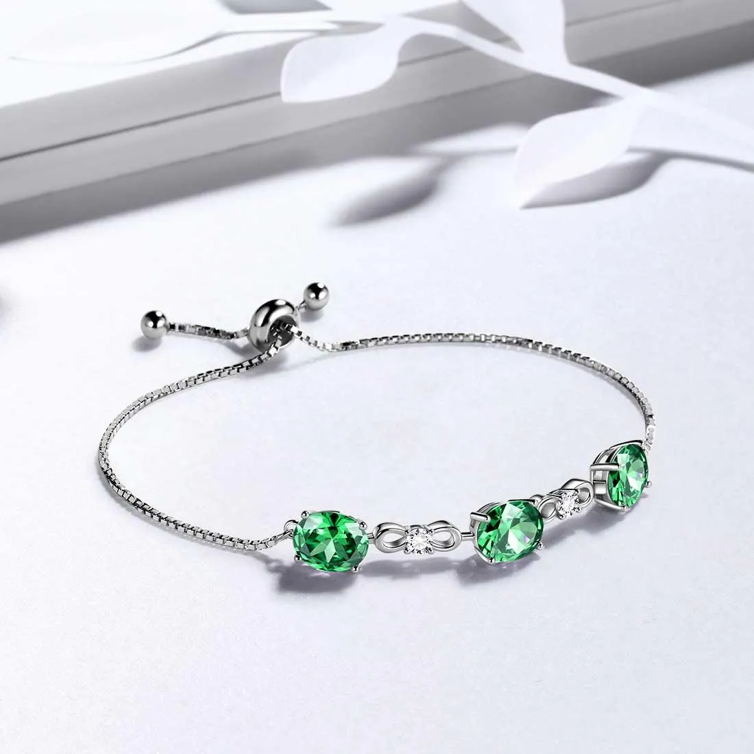 Round Birthstone May Emerald Bracelet Women Girls Jewelry Birthday Gift Sterling Silver