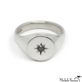 Round North Star Signet Ring Silver