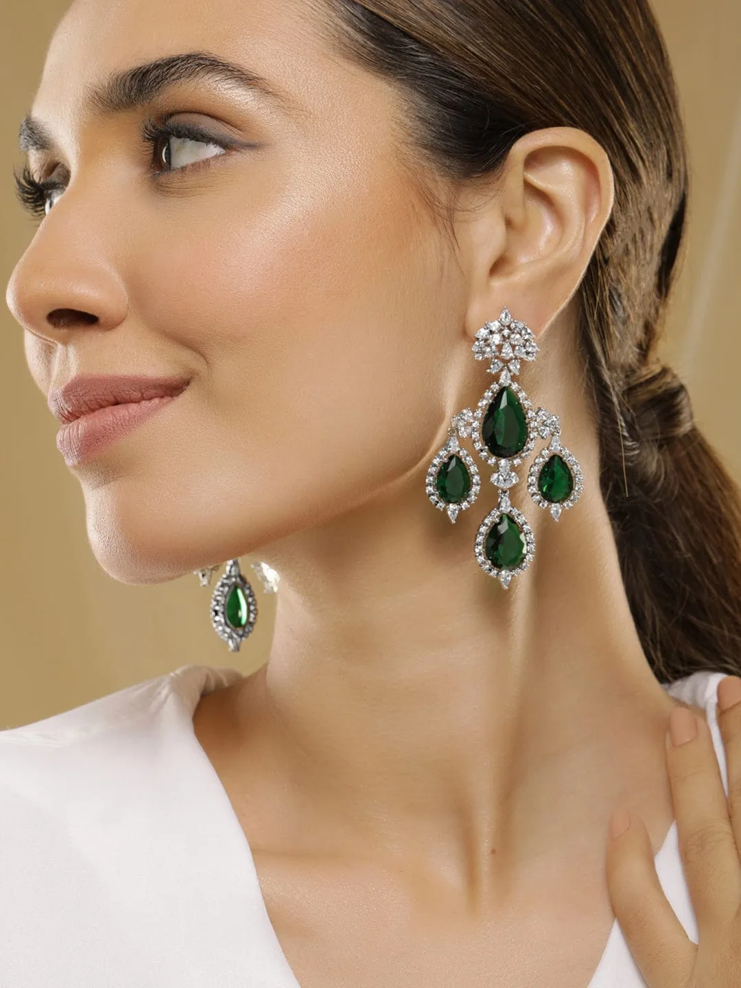 Rubans 18K Gold-Plated Emerald Green & Cubic Zirconia Studded Premium Chandelier Earrings