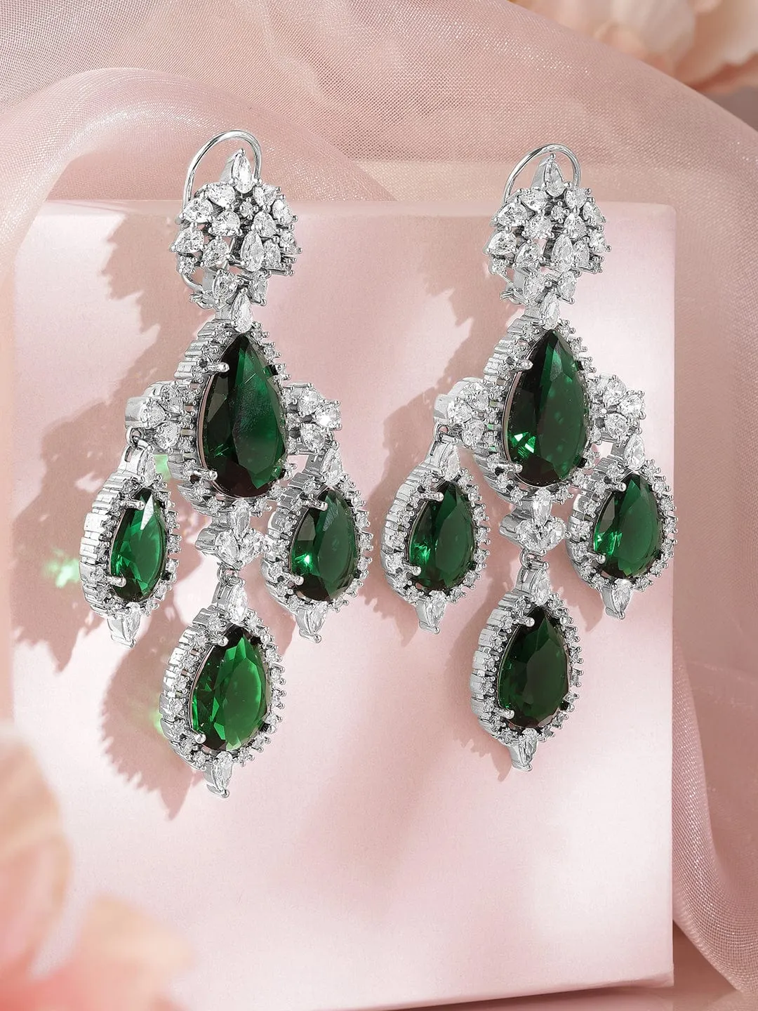 Rubans 18K Gold-Plated Emerald Green & Cubic Zirconia Studded Premium Chandelier Earrings