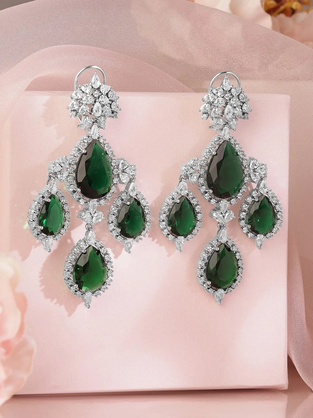 Rubans 18K Gold-Plated Emerald Green & Cubic Zirconia Studded Premium Chandelier Earrings