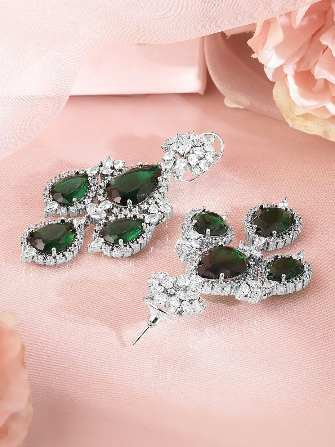 Rubans 18K Gold-Plated Emerald Green & Cubic Zirconia Studded Premium Chandelier Earrings