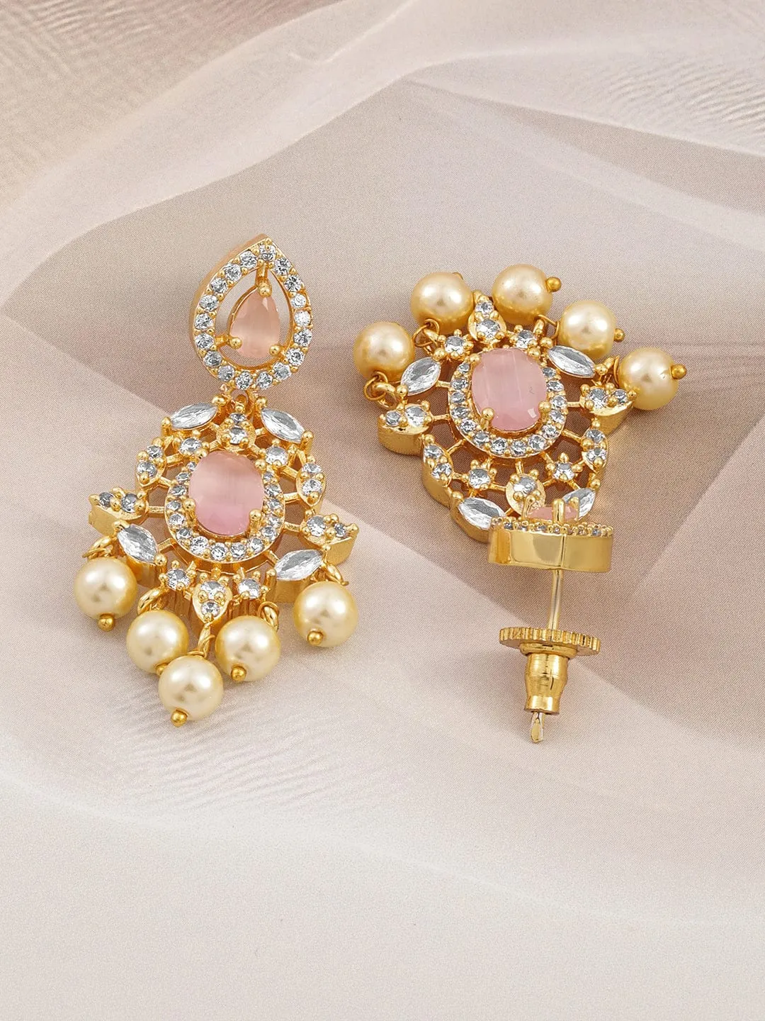 Rubans 22KT Gold-Plated Pastel Pink & Cubic Zirconia Studded Chandelier with Pearl Drops