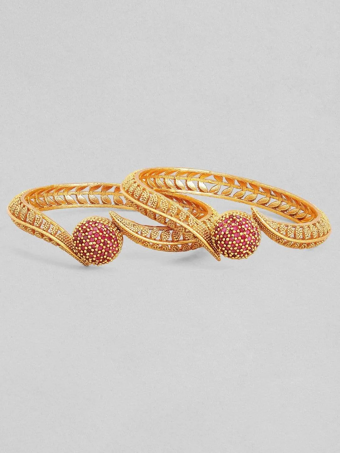 Rubans Stylish Set of 2 18K Gold Plated Ruby Studded Geru Polish Finish Traditional Bangles