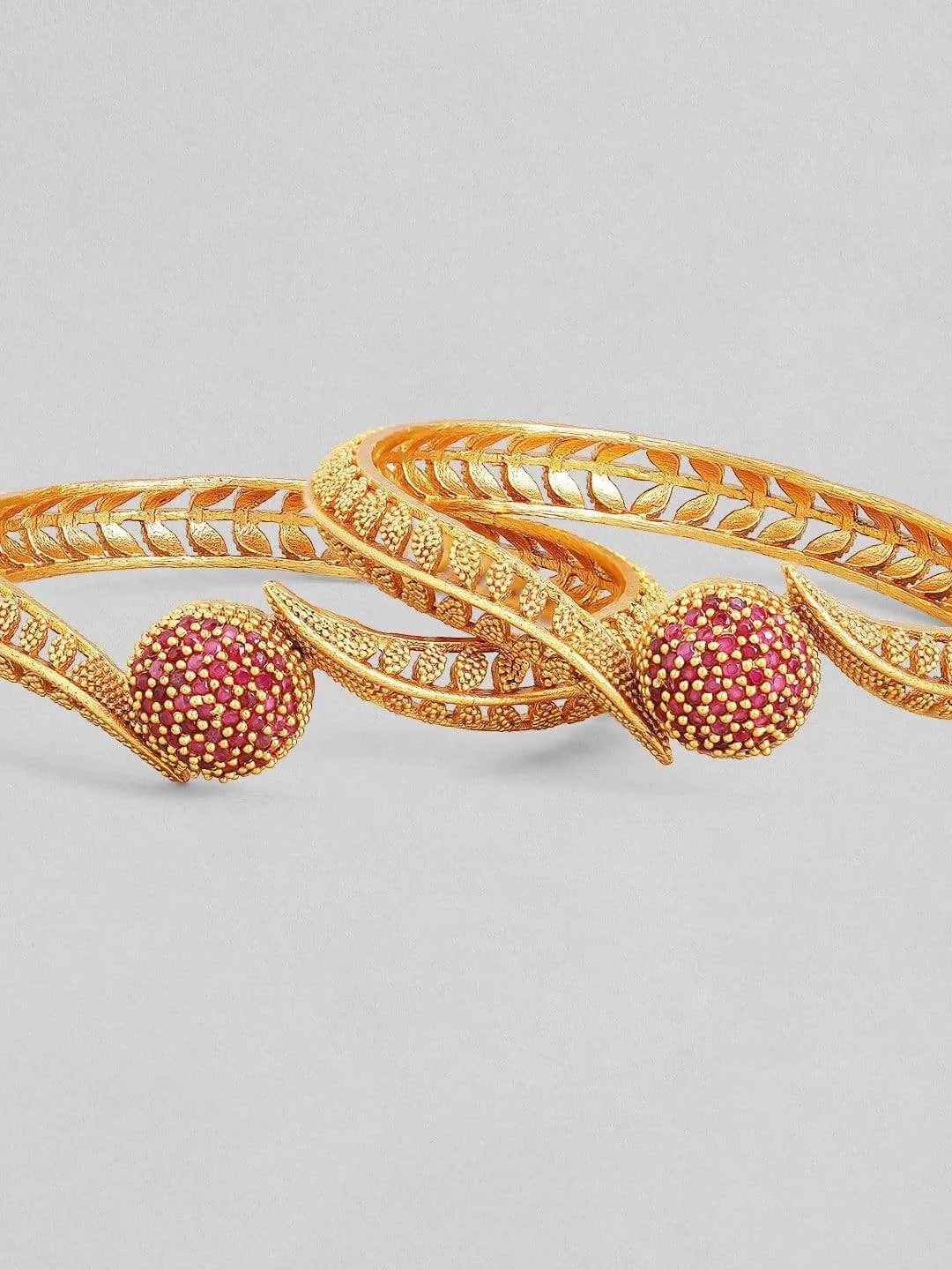 Rubans Stylish Set of 2 18K Gold Plated Ruby Studded Geru Polish Finish Traditional Bangles