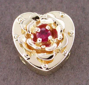 Ruby Set Heart and Rose Slide in 14 Karat Gold