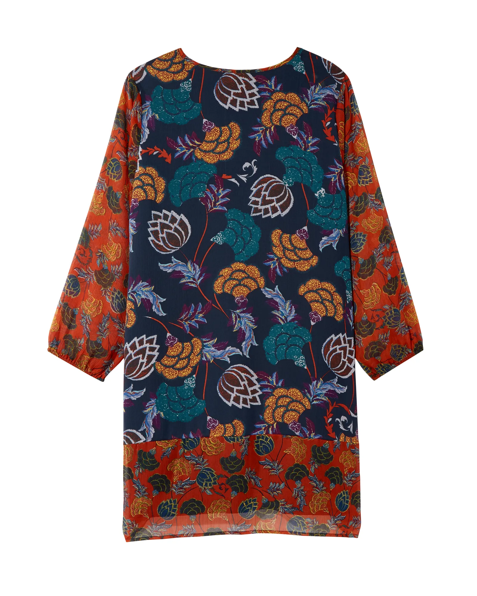 Santa Clarita 3/4 Sleeve Print Mixed Split Neck Dress | Navy / Orange