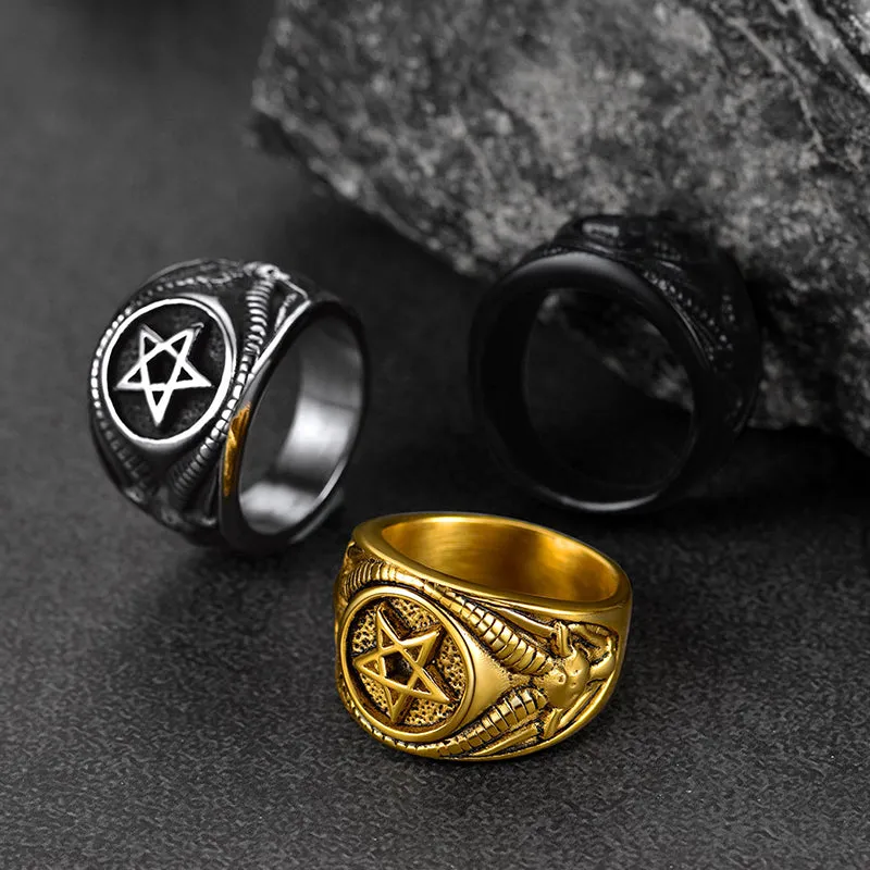 Satanic Goat Pentagram Ring Baphomet Ring for Men