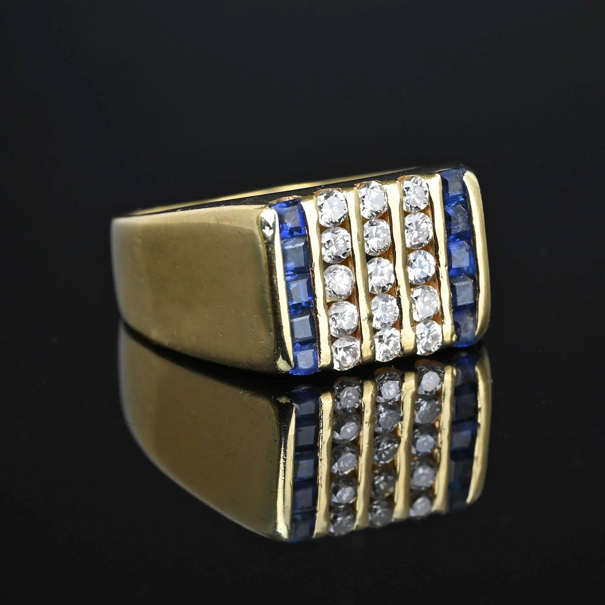 Signet Style Three Row Diamond Sapphire Ring 14K Gold