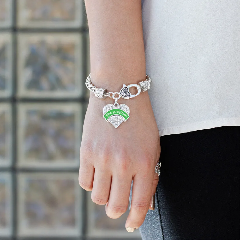 Silver Emerald Green Mom of the Groom Pave Heart Charm Braided Bracelet