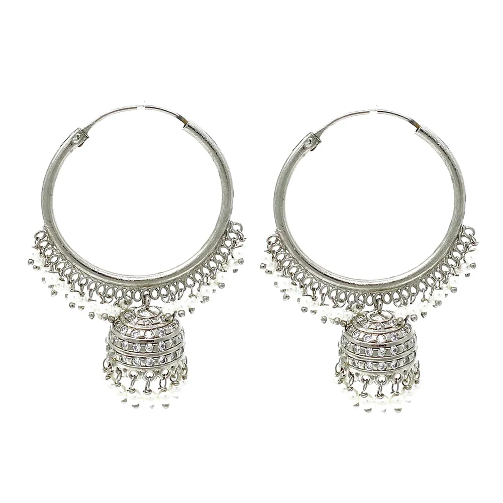 Silver Plated Hoop Chandelier Jhumki Earrings with Tiny White Pearls Zircon - Duel On Jewel