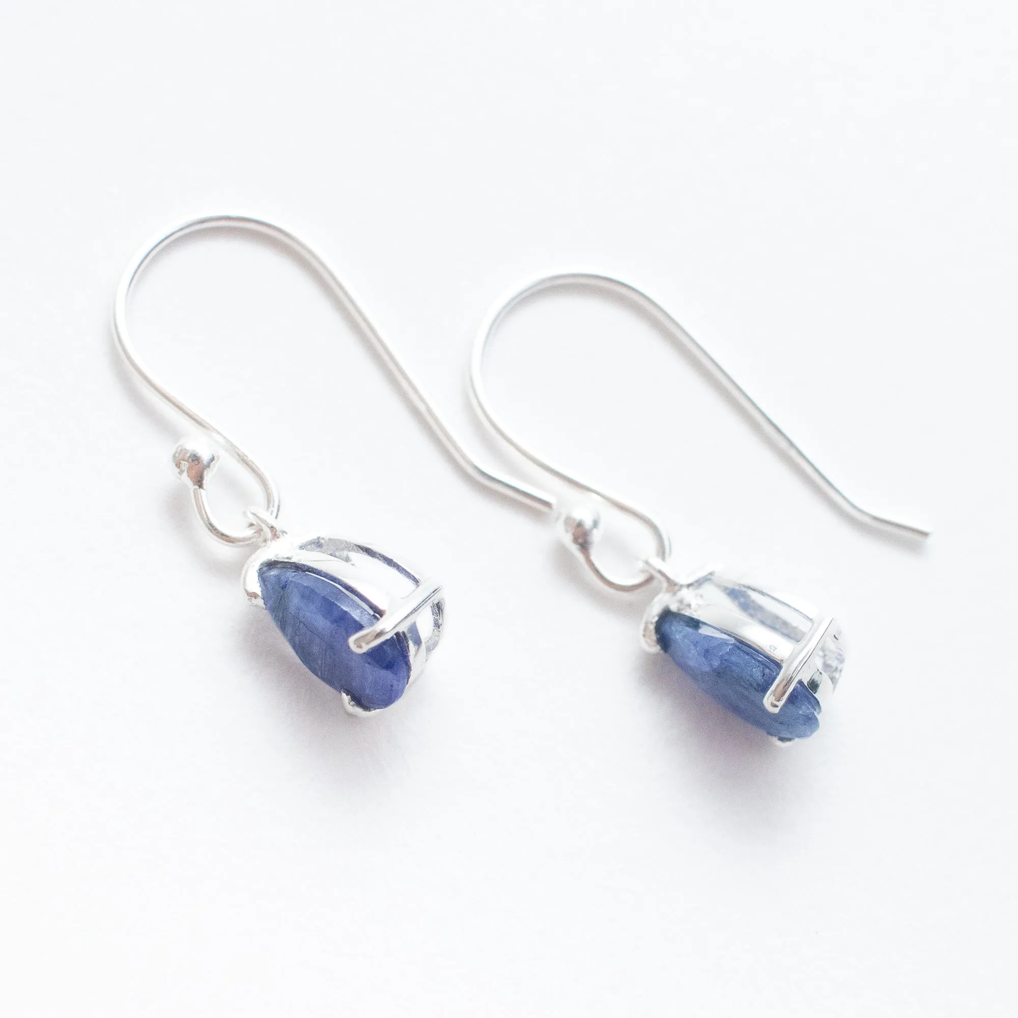 Silver Raw Blue Sapphire Teardrop Earrings