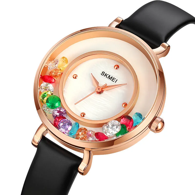 SKMEI 2041 Pearl Shell Dial Simple Watch for Women w/ Rotatable Color Diamond