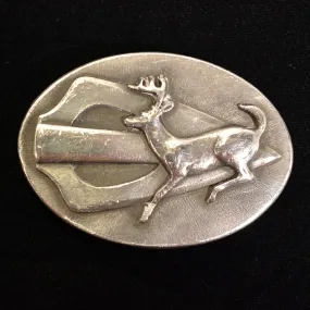 SOLD Vintage 70s Pewter Deer Hunter Belt Buckle, Sid Bell Design Pilgrim