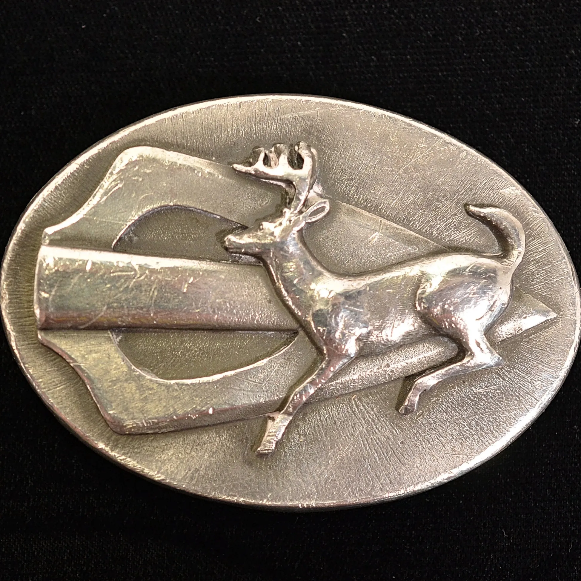 SOLD Vintage 70s Pewter Deer Hunter Belt Buckle, Sid Bell Design Pilgrim