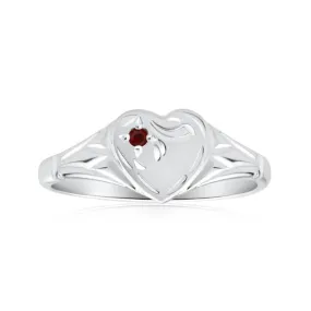 Sterling Silver Garnet Heart Signet Ring Size L