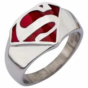 Superman Man of Steel Stainless Steel and Red Enamel Signet Ring (SUPMFR8412)