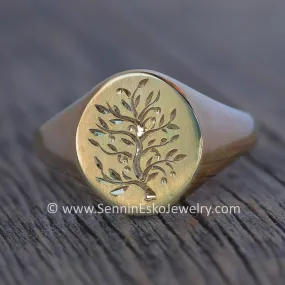 Tree Of Life Signet - Ready To Ship - 14kt Yellow Gold Bright Cut Engraving