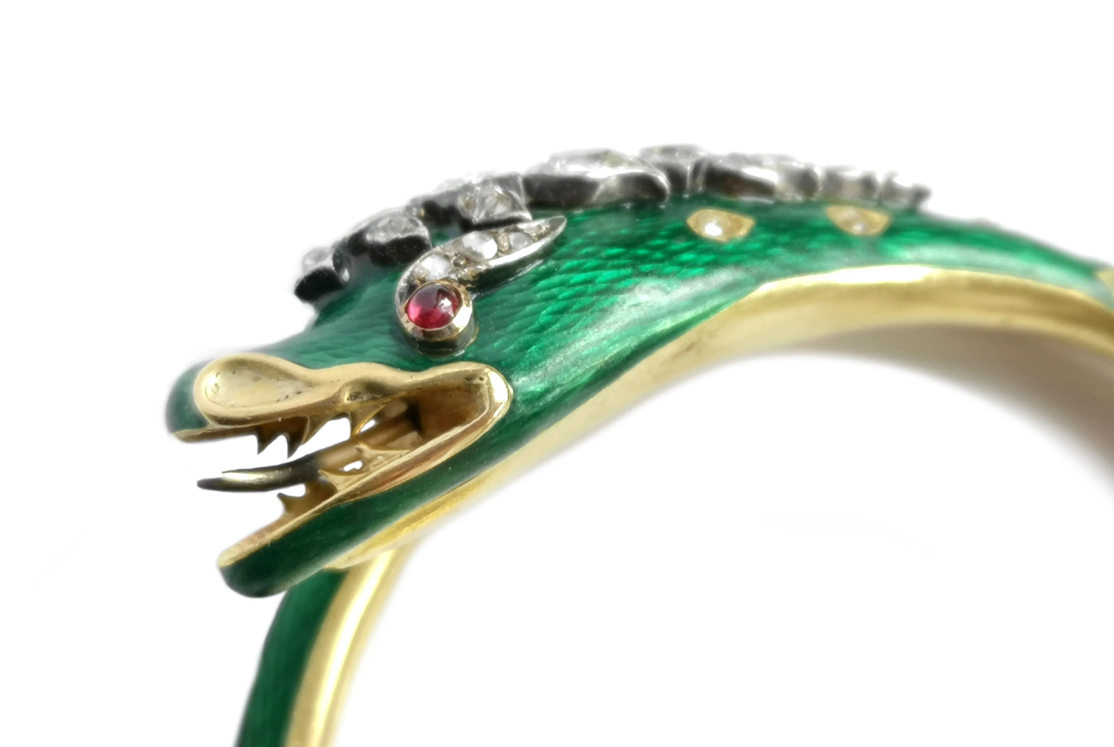 Victorian 2.10ct Old Cut Diamond, Ruby & Green Enamel Serpent Bracelet