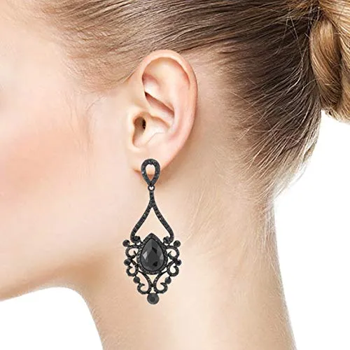 Victorian Black Crystal Rhinestone Filigree Chandelier Floral Large Statement Earrings, Prom Banquet